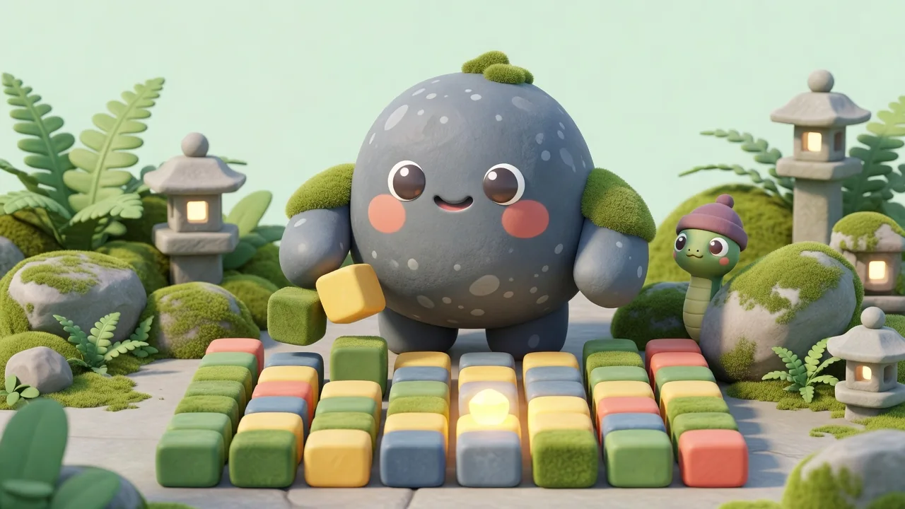 Pebble the stone golem dropping chunky blocks into a stone grid in a mossy quarry while Noodle the snake peeks from behind a boulder