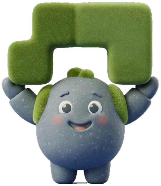 Pebble, a round grey stone golem with mossy shoulders, holding a green block above his head