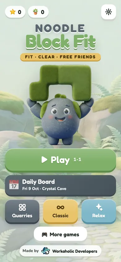 The home screen with Pebble holding a block
