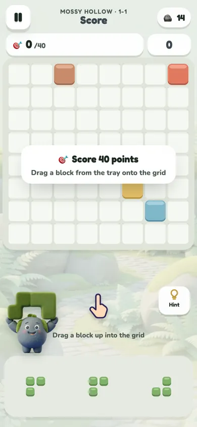 The first level: drag a block into the grid
